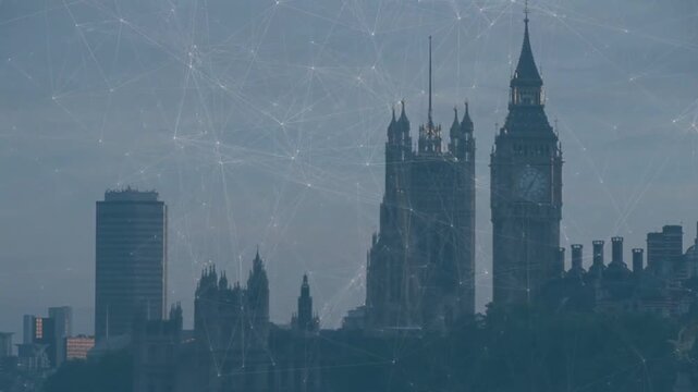 Gothic palace silhouette, clock tower centered, one-sec capturing web overlay shimmering for design