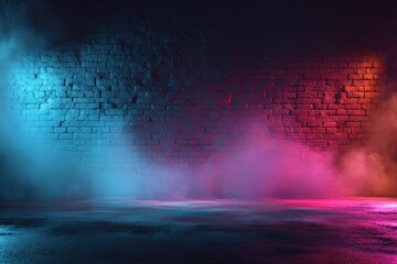 Fototapeta premium Atmospheric brick wall interior with vibrant neon blue and pink lighting illuminating swirling smoke and textured concrete floor in a dark moody setting