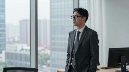 Fototapeta premium Professional Businessman Standing in Modern Office with City View