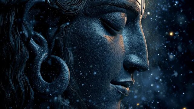 Majestic Lord Shiva statue face in divine meditative state with particles