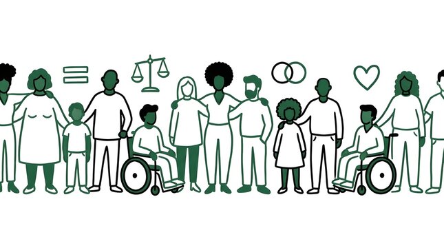 A diverse group of people of various ages genders races and abilities standing together surrounded by symbols of  e  and comm