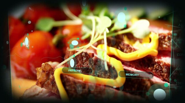 Camera shifting over seared meat, HUD drifting and marking sauce PATTERN MEMORY labels for culinary