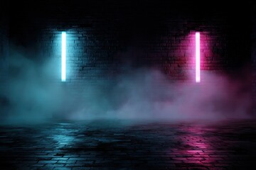 Fototapeta premium Atmospheric Scene With Two Vertical Neon Lights Cyan and Magenta Reflecting On Wet Brick Wall And Dark Ground With Fog And Smoke