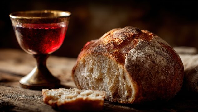 Close-up shot of a golden chalice filled with red wine next to a rustic loaf of bread on a wooden table symbolizing communion and sacrifice with soft dramatic lighting