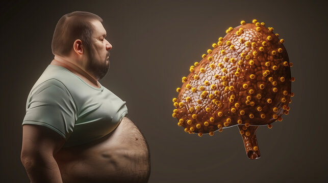 3D medical illustration of an obese man standing next to a detailed cross-section of human liver cells showing fat accumulation.