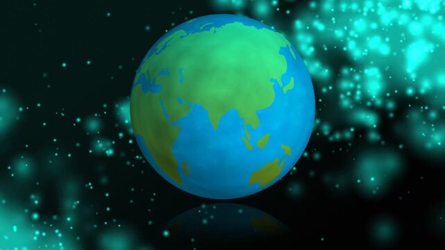 On play, stylized globe rotating eastward showing regions with teal cloud shifting for tech demo