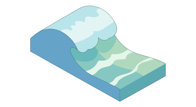 Isometric ocean wave illustration with stylized form and layered shades of blue green and white
