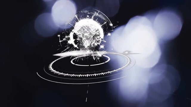 Hologram globe flaring, forming wireframe, emitting sparks over rotating HUD rings for tech demo