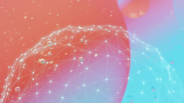 Geodesic dome rippling, pulsing as camera rising revealing nodes and droplets, tech showcase