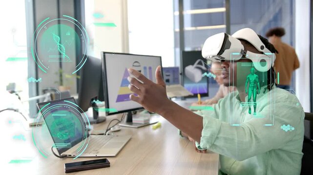 VR developer white headset reaching and pointing, selecting AR human panel and DNA icons for health