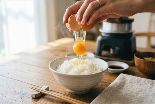Cracking a raw egg over white rice to make Japanese "tamago kake gohan"