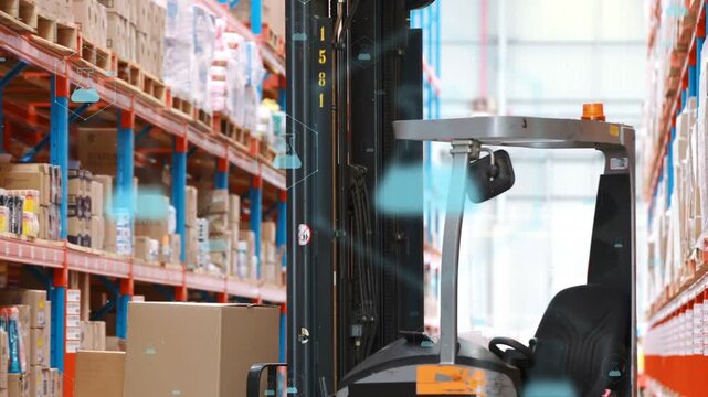 Reach forklift sitting aisle data input starting blue icons aligning mast and pallet for inventory