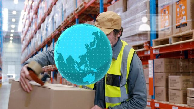 Warehouse packer checking seam taking tape sealing order while globe, user icons growing around him