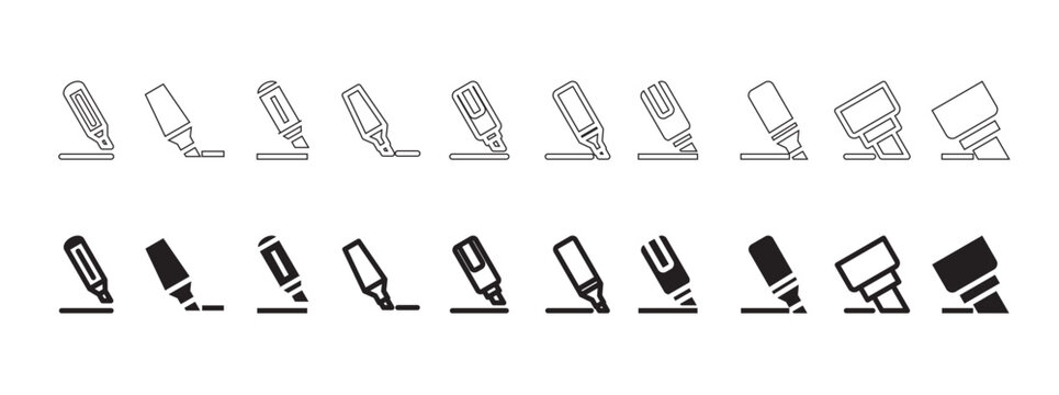 Collection of modern minimalist highlighter and marker icons in outline and solid styles for design projects. Marker icon set in flat solid and line art styles for educational and business, vector ill