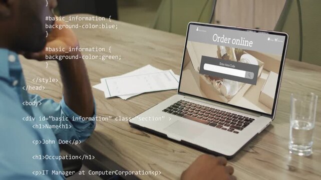 Man leaning in and resting chin, reviewing profile on laptop, causing HTML or CSS IT overlay scrolli