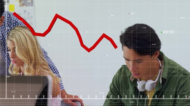 Vertical video: Right man typing as red zigzag appearing and peer leaning over screen for business