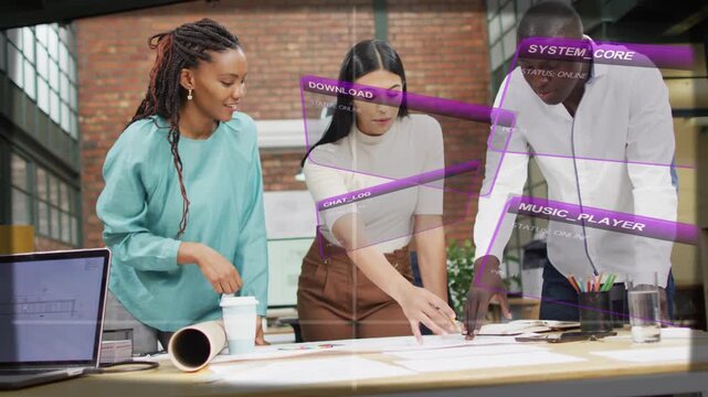 Left leaning sparking three pros laying sheets, pointing while purple HUDs sliding, aligning layout