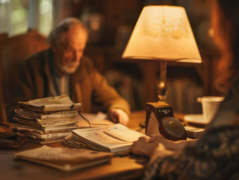 Old Man Reading by Lamp in Cozy Room with Newspaper Stack