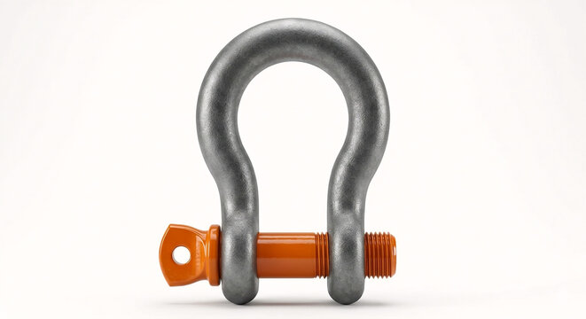 Industrial galvanized steel bow shackle with orange safety pin, studio shot isolated on white background.