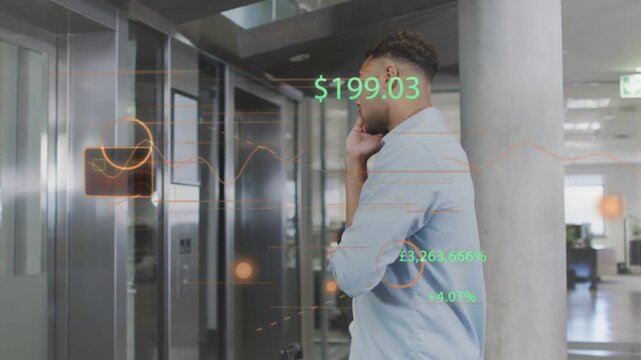 Man receiving call, checking watch, leaning on column, finance HUD overlaying $199