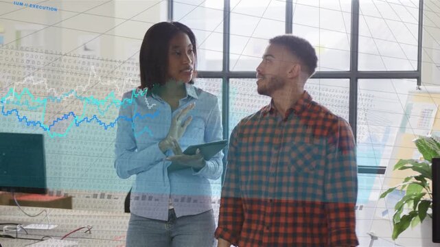 Woman holding tablet starting talk, man replying, line charts rising over tablet fueling data talk