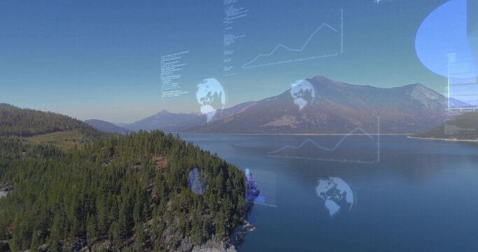 Showing forested peninsula projecting into calm lake, with rocky shore, pines, digital overlays