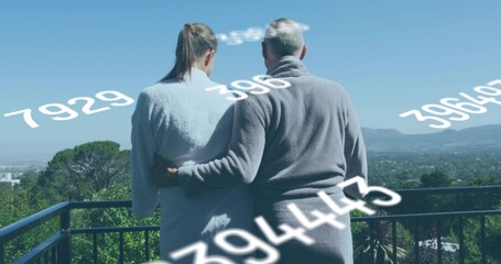 Standing senior man embracing mature woman on balcony railing, wearing robes with floating numbers © vectorfusionart