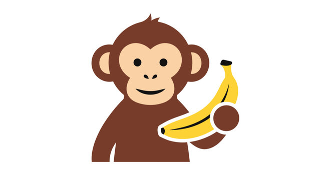 Cartoon monkey with banana illustration isolated on white background depicting joy and appetite
