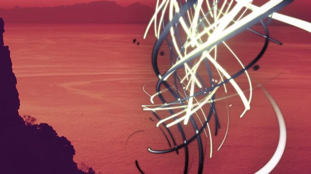 After 2s cliff-sea still light ribbons emerging spiraling over sea fading restoring calm for design