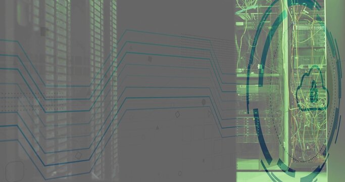 Displaying single server rack on right in data center, showing patch cables, LEDs, HUD, copy space