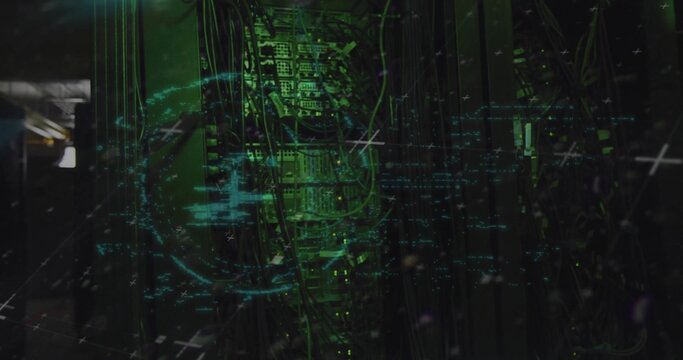 Dominating central server rack glowing with green HUD overlay in data center, with cables and LEDs