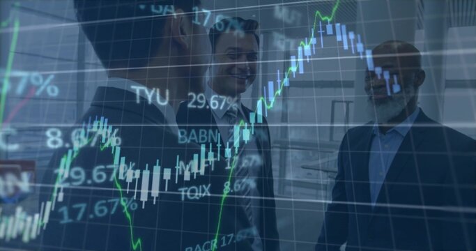 Shaking hands three businessmen negotiating in office wearing dark suits with market chart overlay