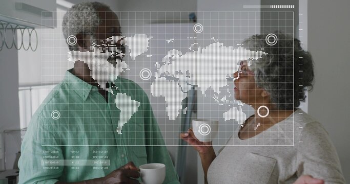 Discussing couple wearing light green shirt and sweater holding white mugs in kitchen, HUD overlay