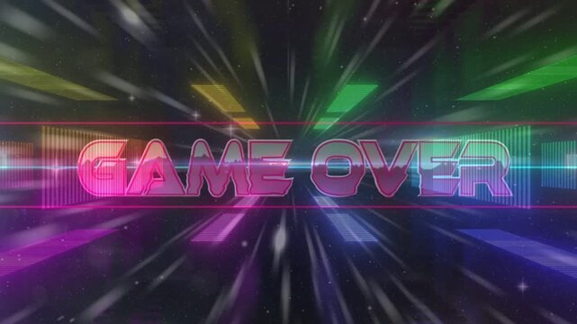 Motion streaks initiating GAME OVER text pulsing in arcade gaming tunnel, equalizer bars shifting