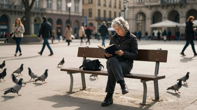 Person Reading Book on Bench Surrounded by Pigeons in Urban Park
