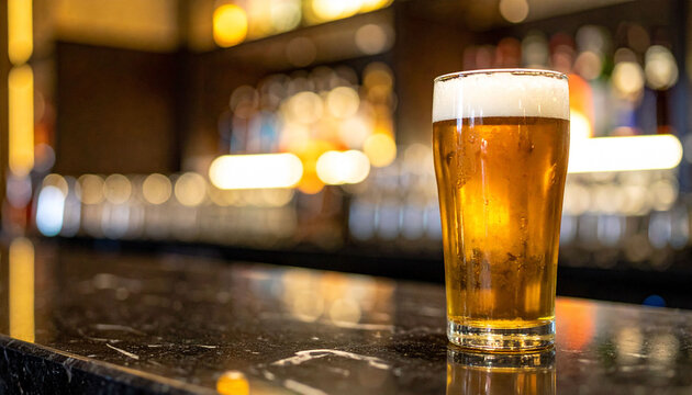 バーのカウンターに置かれた冷えたビールグラス　居酒屋や飲食店のメニュー用イメージ素材　飲み会の雰囲気を感じさせる高品質な写真素材　夜の光が美しい背景とコピースペース