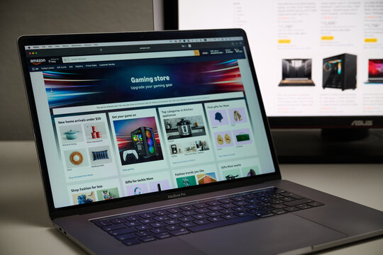 Milan, Italy - 2026, 20 Apr: Amazon website homepage displayed on laptop screen in a minimal setup. The Amazon&rsquo;s logo