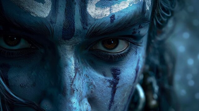 Close-up face of Hindu deity Shiva with blue skin in intense meditation