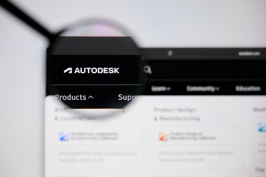 Milan, Italy - 2026, 20 Apr: Autodesk logo displayed under a magnifying glass on laptop screen displaying