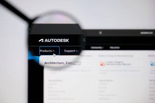 Milan, Italy - 2026, 20 Apr: Autodesk logo displayed under a magnifying glass on laptop screen displaying