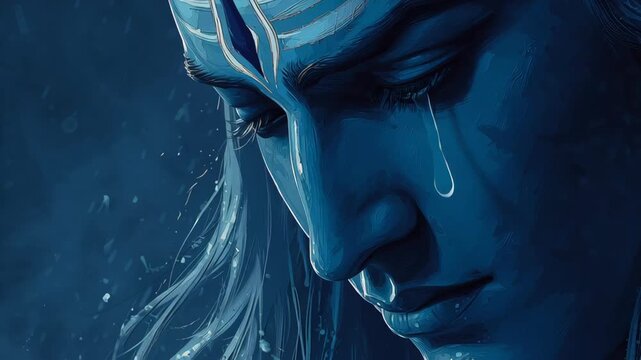 Close up portrait of Lord Shiva meditating with teardrop and blue skin.