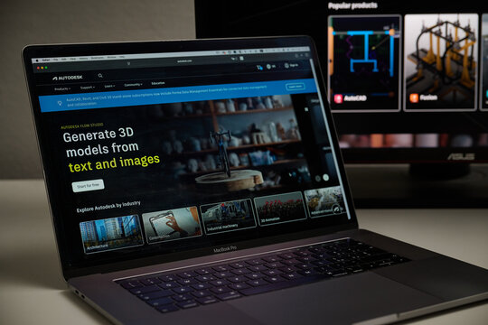 Milan, Italy - 2026, 20 Apr: Autodesk website homepage displayed on laptop screen in a minimal setup. The Autodesk&rsquo;s logo