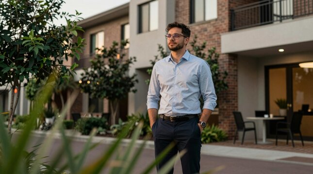 Thoughtful Man Standing in Front of Modern Apartment Complex