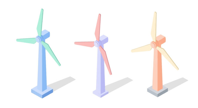 Three stylized windmill illustrations in a pastel color palette to show clean energy