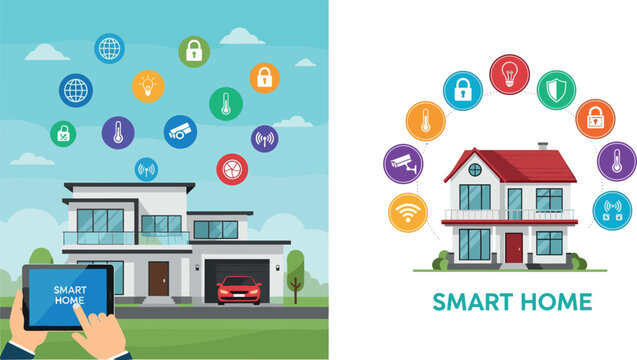 Smart Home Technology Concept Illustration with Connected House, IoT Devices, Security Icons, Automation System, and Modern Digital Living Environment Design