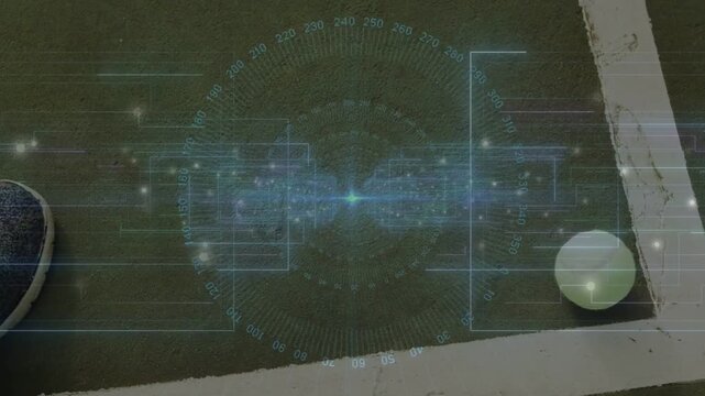 Athlete's shoe contacting turf, HUD overlay activating and analyzing ball alignment for sports tech