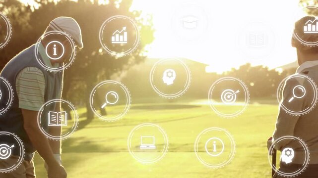 Left golfer lining up putt on sunlit green, icons appearing when lining up, aiding shot preparation