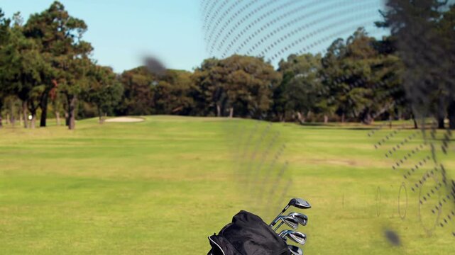 Dotted overlay sweeping in black golf bag entering, tilting, deploying legs, resting for demo