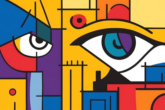 Surreal geometric portrait with vibrant colors and exaggerated features