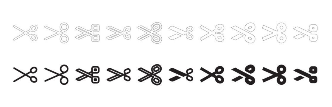 Set of scissors icons, outline and solid style. Row of four scissors icons in different styles, realistic, solid silhouette, and outlined graphic symbol set on whte, vector illustration.